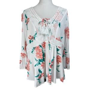Torrid Plus Size 2 Blouse Top White Floral V-Neck Baby Doll Peasant Cottagecore